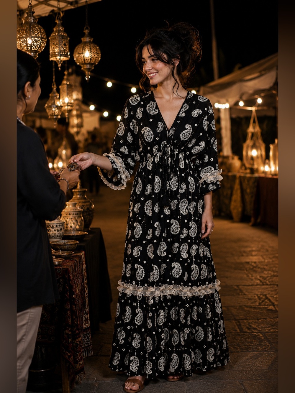 NWT CHARMING Black and Ivory Paisley Maxi Dress with Lace Trim and Tassel Tie
